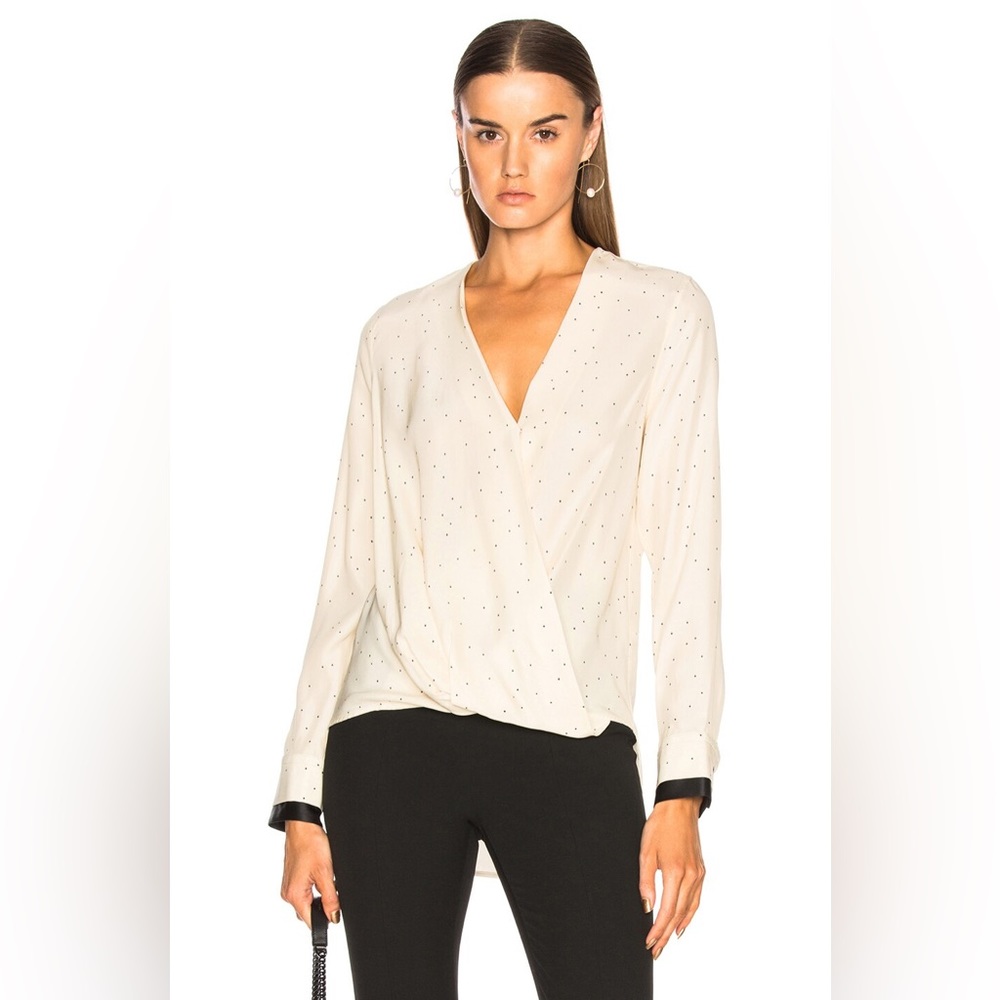 NWT Rag & Bone Victor Wrap Silk Blouse Dot Print High-Low Hem White Size XXS